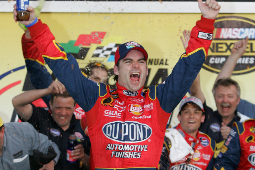 Jeff Gordon celebrates winning the NASCAR Nextel Cup Daytona 500 on February 20, 2005 at the Daytona International Speedway in Daytona, Florida