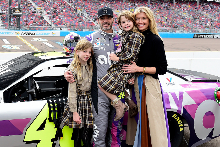 Jimmie Johnson poses on the grid with his wife Chandra Johnson and their daughters Lydia Norriss Johnson and Genevieve Johnson prior to the NASCAR Cup Series Season Finale 500 at Phoenix Raceway on November 08, 2020 in Avondale, Arizona.Jimmie Johnson is scheduled to retire from full-time NASCAR racing after 2020