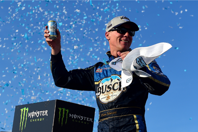 Kevin Harvick celebrates in Victory Lane after winning the Monster Energy NASCAR Cup Series Foxwoods Resort Casino 301 at New Hampshire Motor Speedway on July 21, 2019 in Loudon, New Hampshire