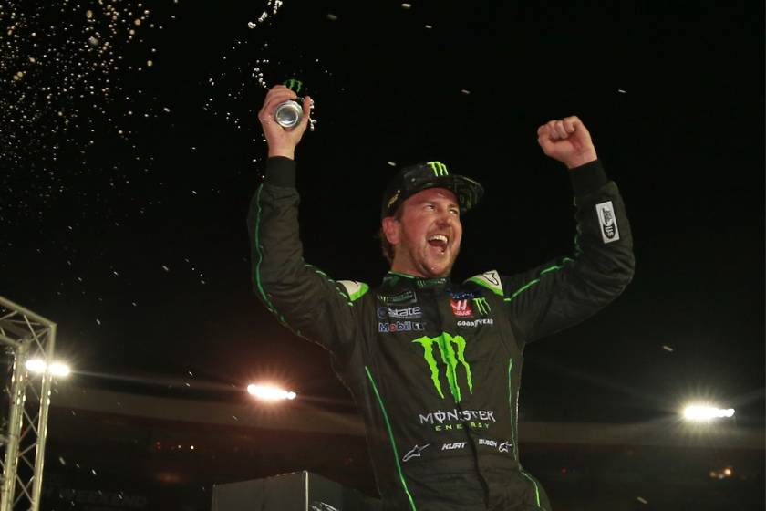 Kurt Busch celebrates in Victory Lane after winning the Monster Energy NASCAR Cup Series Bass Pro Shops NRA Night Race at Bristol Motor Speedway on August 18, 2018 in Bristol, Tennessee
