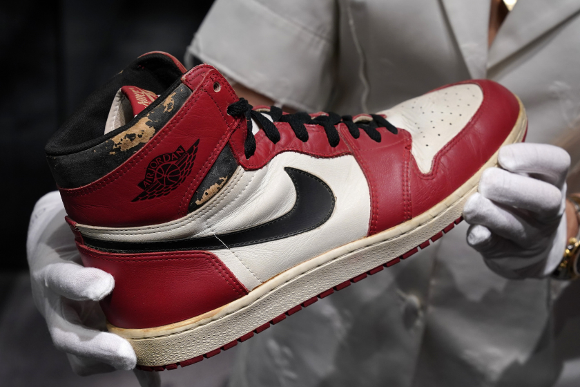 A pair of game-worn Air Jordan 1s at Christie's Auction House. 