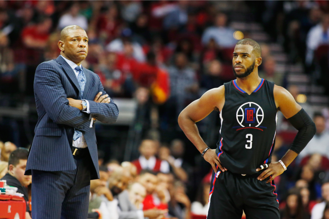 Doc Rivers and Chris Paul look stunned after losing to the Houston Rockets in 2015.