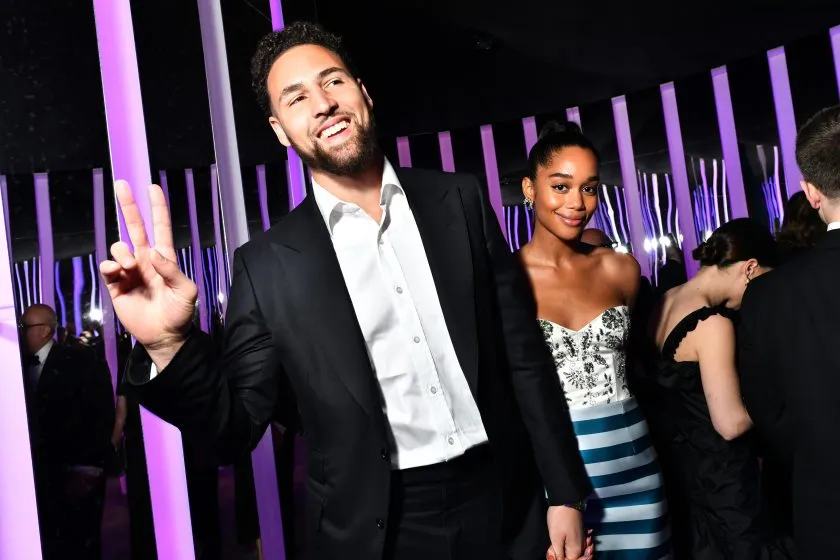 Klay Thompson and Laura Harrier attend the 2020 Vanity Fair Oscar Party