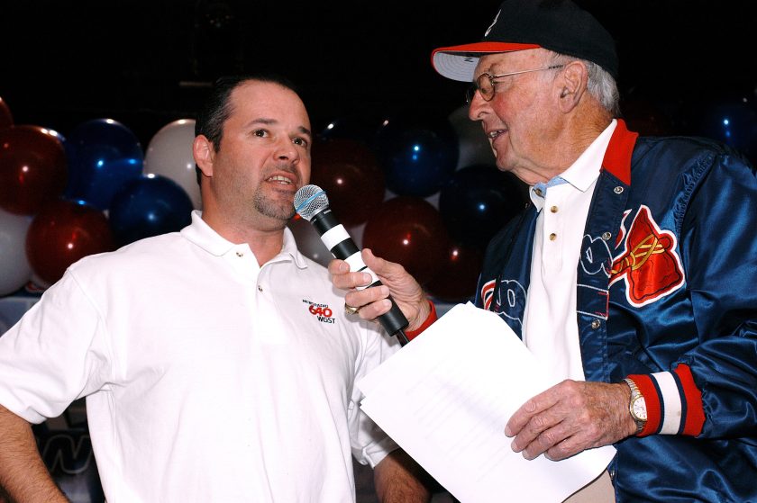 Former Braves Mark Lemke and Braves Hall of Fame Broadcaster, Ernie Johnson, Sr., lead the Braves Rally Monday celebration October 4, 2004.