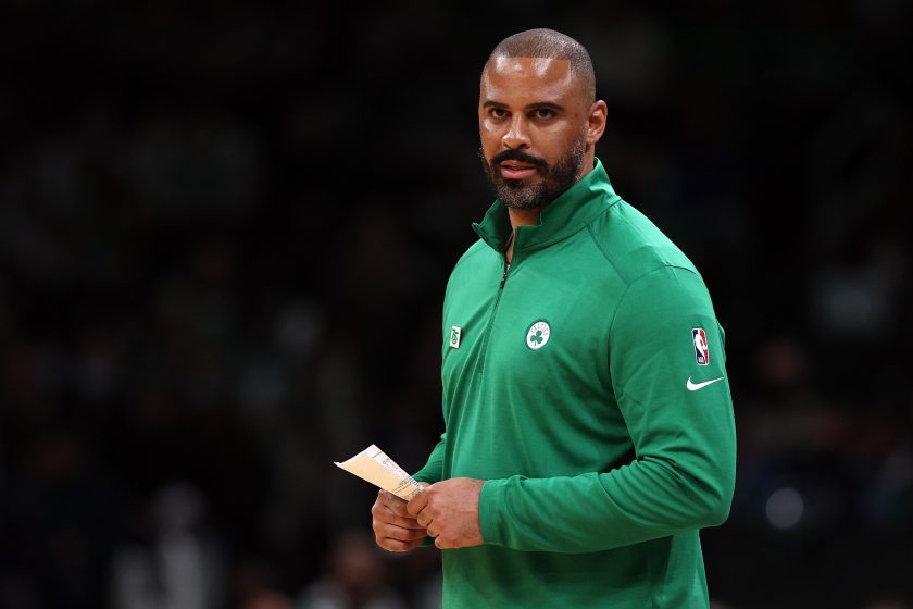 Ime Udoka coaches during a 2021 Celtics game.