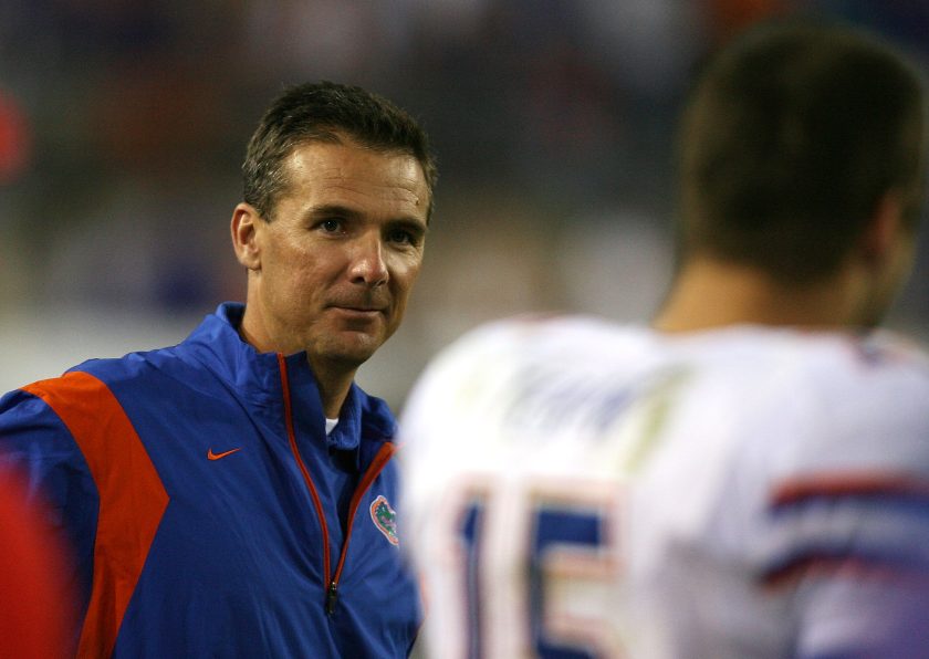 Urban Meyer looks at Tim Tebow during a game against Georgia in 2008.