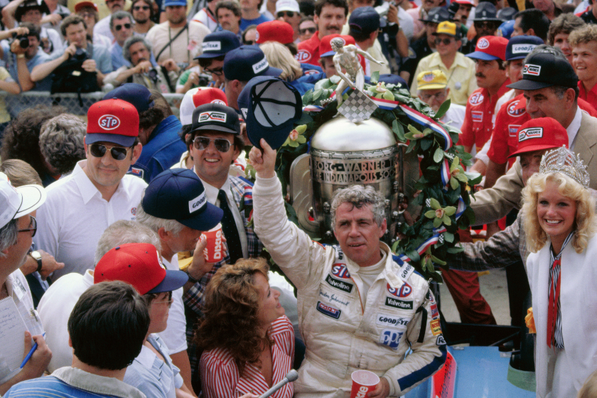 Gordon Johncock celebrates after winning 1982 indy 500
