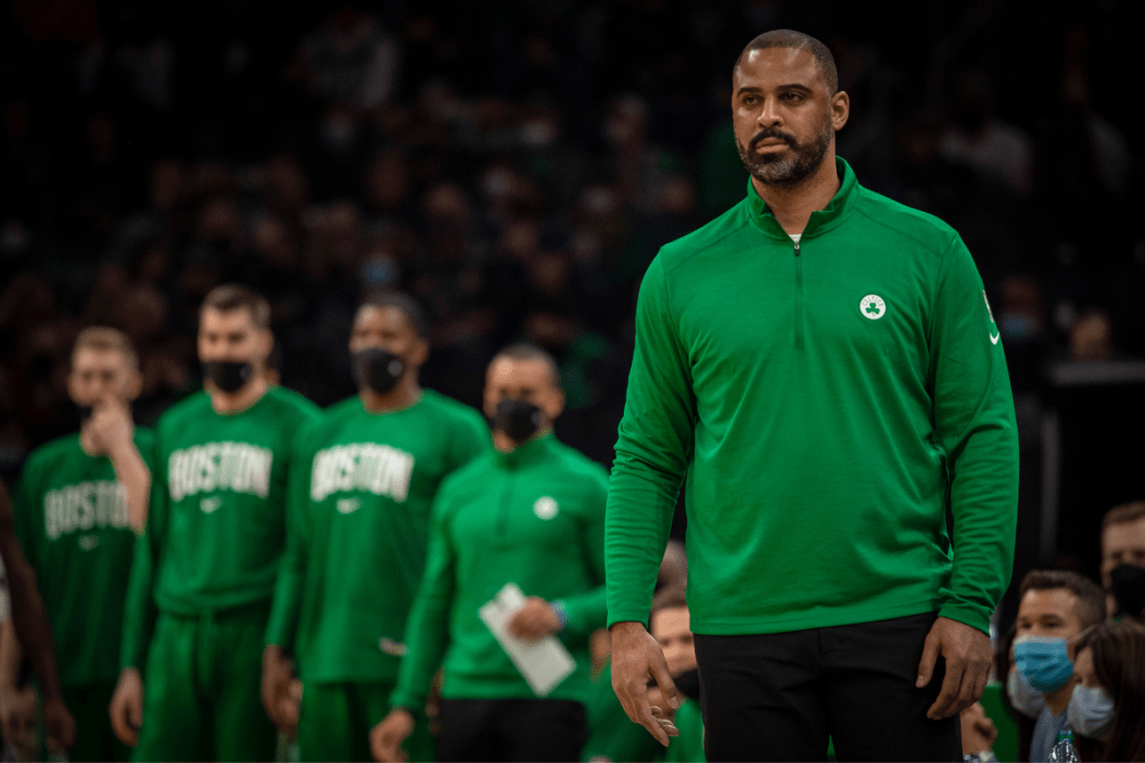 Ime Udoka stands before a Celtics game in 2021.