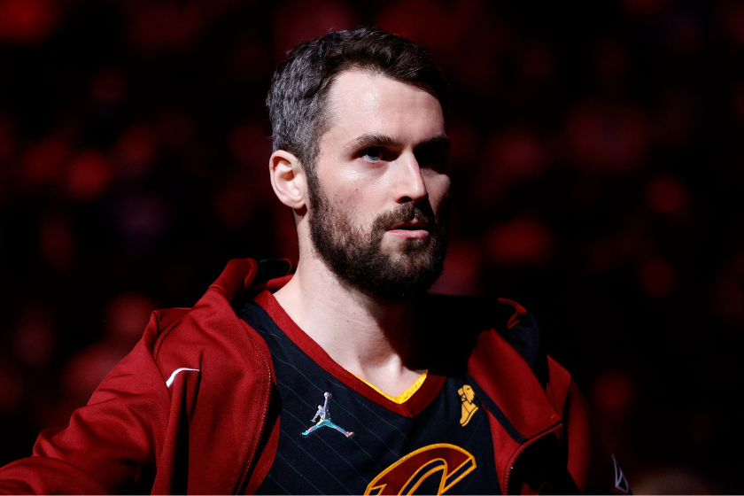 Kevin Love #0 of the Cleveland Cavaliers looks on before playing against the Philadelphia 76ers at Wells Fargo Center 