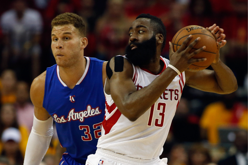 Blake Griffin defends James Harden in Game 5 of the 2015 Western Conference semifinals.