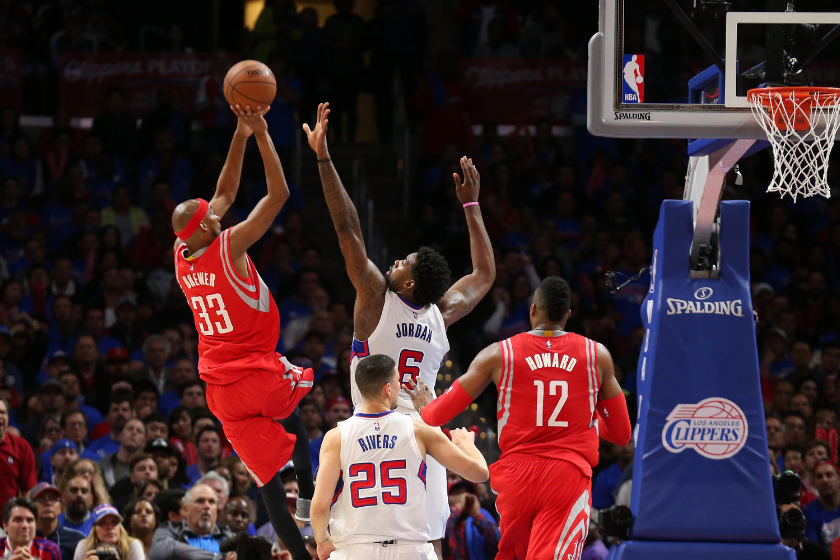 Houston Rockets guard Corey Brewer shoots over DeAndre Jordan in Game 6 of the 2015 Western Conference semifinals.