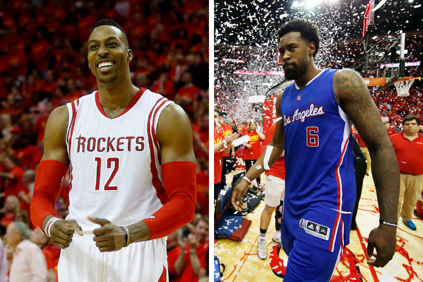 Dwight Howard celebrates the Houston Rockets defeating the Los Angeles Clippers in the 2015 Western Conference semifinals while DeAndre Jordan sulks.
