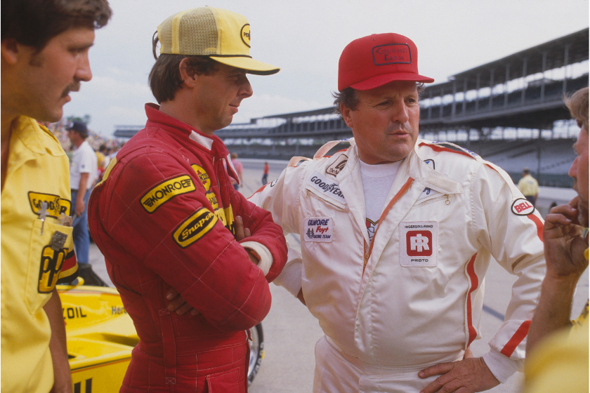 Rick Mears talks with A.J. Foyt before racing the 1980 Indy 500 at the Indianapolis Motor Speedway