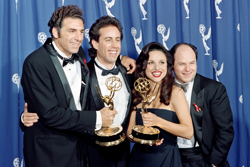 The cast of Seinfeld with two of their Emmy Awards
