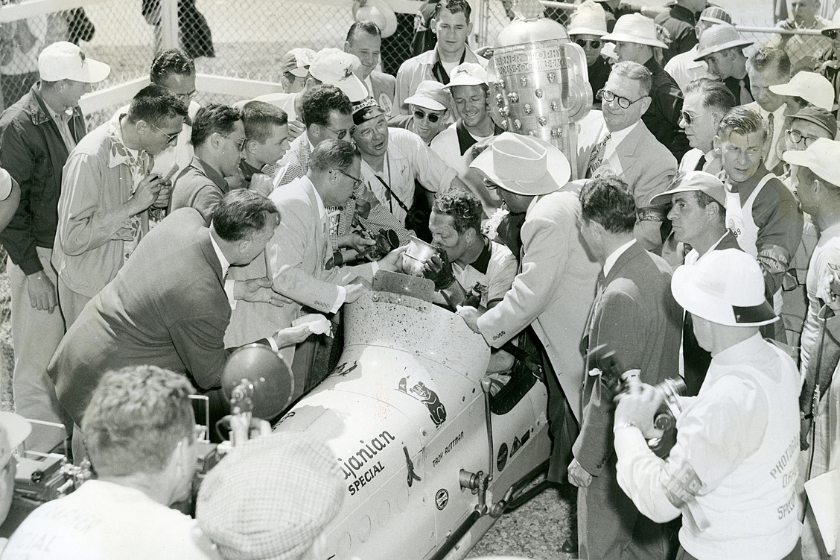 Troy Ruttman in victory lane after winning 1952 Indianapolis 500