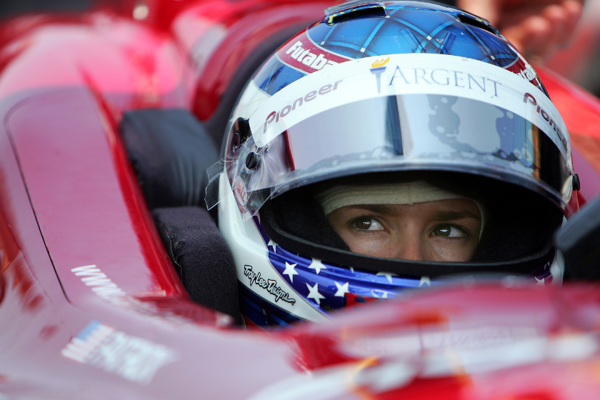 Danica Patrick, driver of the #16 Rahal Letterman Racing Argent Pioneer Panoz Honda, looks on from the pits during practice for the 89th Indianapolis 500-Mile Race at the Indianapolis Motor Speedway on May 13, 2005 in Indianapolis, Indiana