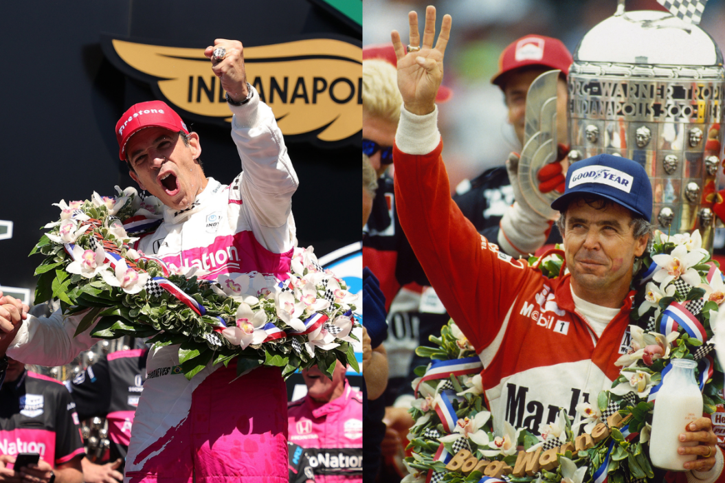 helio castroneves celebrating after winning 2021 indy 500 ; rick mears waving to crowd after winning 1991 indy 500
