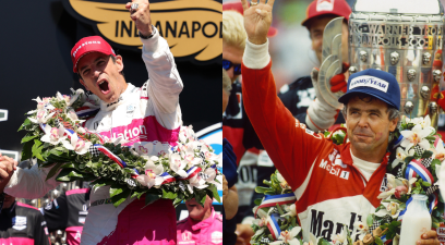 helio castroneves celebrating after winning 2021 indy 500 ; rick mears waving to crowd after winning 1991 indy 500