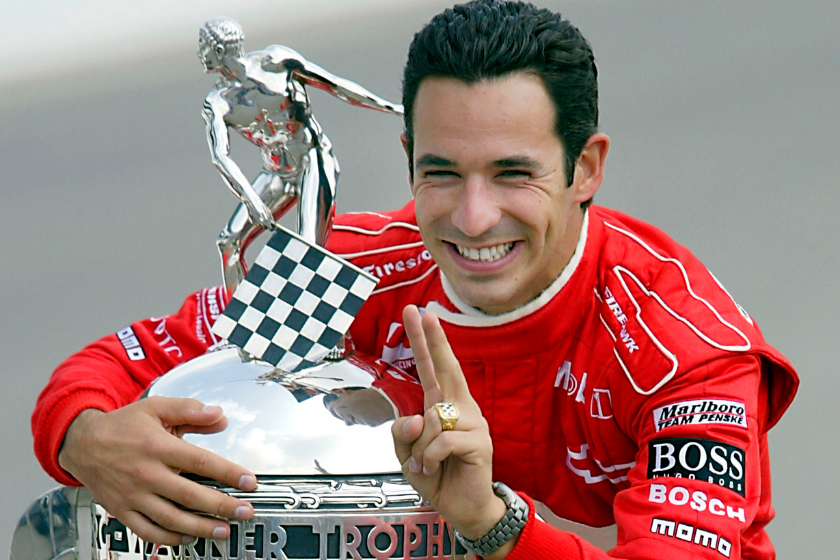 helio castroneves with borg warner trophy after winning 2002 indy 500