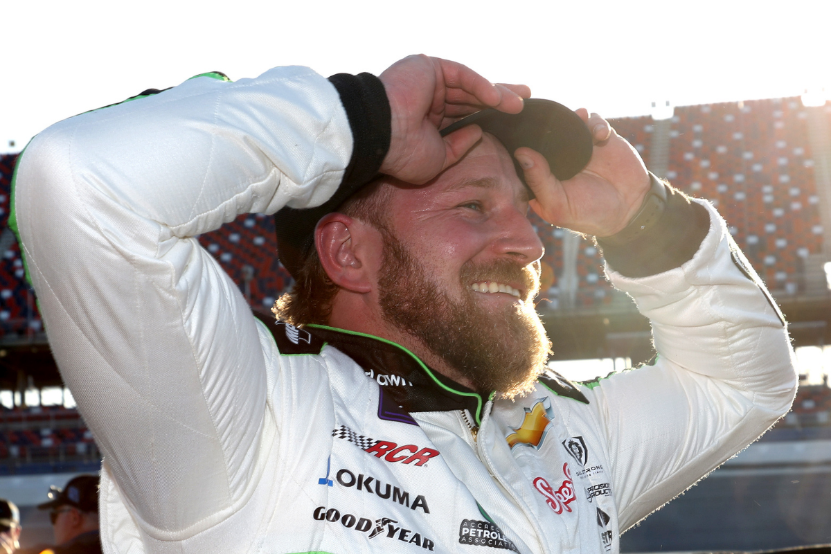 Jeffrey Earnhardt reacts after winning the pole award during qualifying for the NASCAR Xfinity Series Ag-Pro 300 at Talladega Superspeedway on April 22, 2022 in Talladega, Alabama