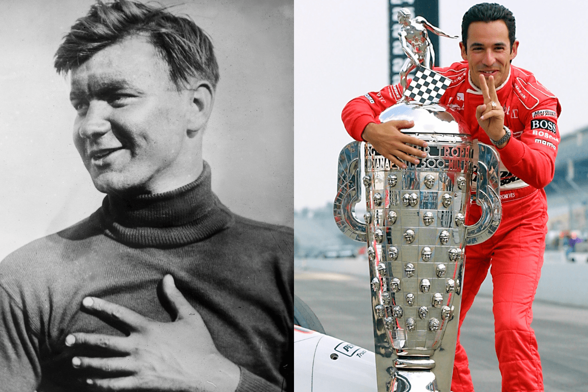 joe dawson after winning 1912 indy 500 ; helio castroneves with borg warner trophy after winning 2002 helio indy 500