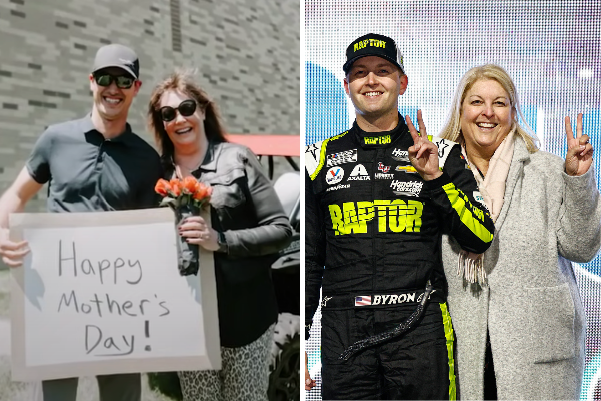 joey logano with mother deborah ; william byron with mother dana