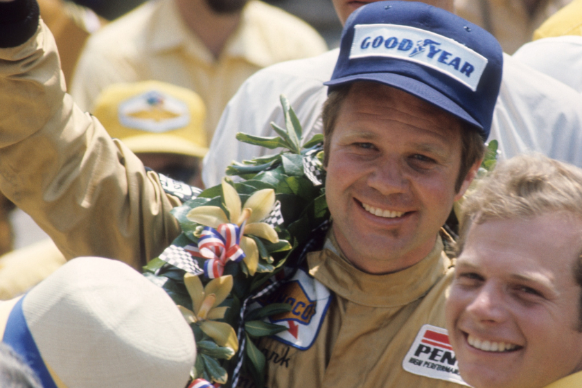 mark donahue celebrates after winning 1972 indy 500