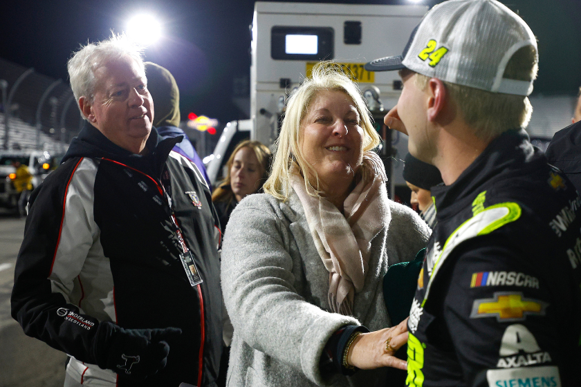 William Byron, driver of the #24 RaptorTough.com Chevrolet, is congratulated by his mother, Dana Byron and father, Bill Byron after winning the NASCAR Cup Series Blue-Emu Maximum Pain Relief 400 at Martinsville Speedway on April 09, 2022 in Martinsville, Virginia