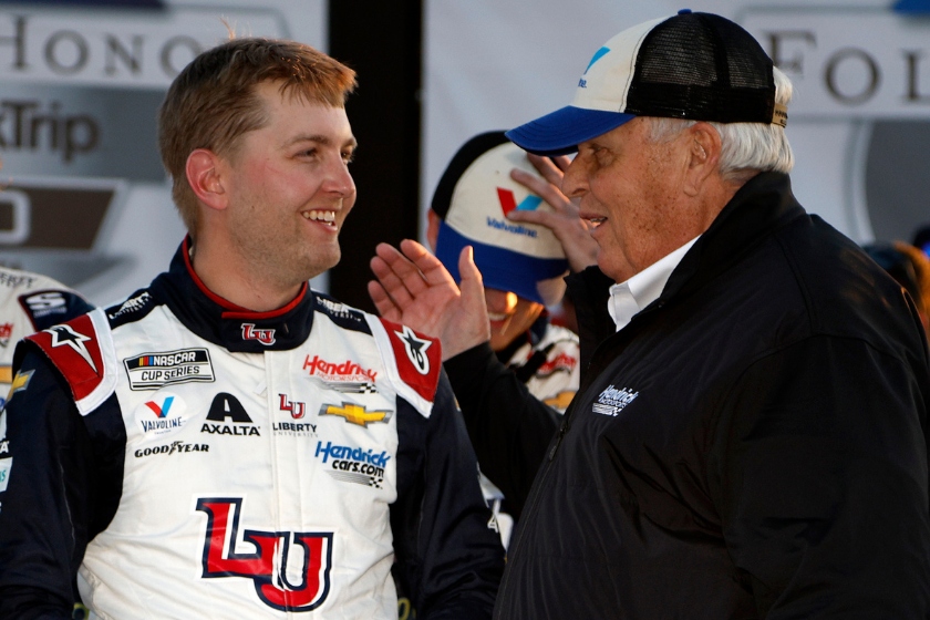 William Byron is congratulated by Hendrick Motorsports owner Rick Hendrick in victory lane after winning the NASCAR Cup Series Folds of Honor QuikTrip 500 at Atlanta Motor Speedway on March 20, 2022 in Hampton, Georgia