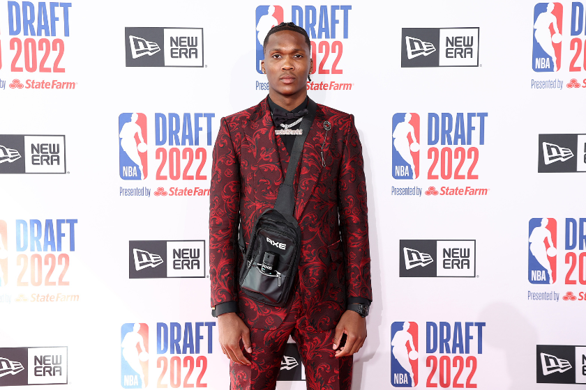 Bennedict Mathurin poses on the Red Carpet ahead of the 2022 NBA Draft.