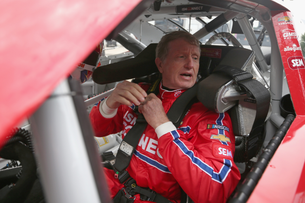 Bill Elliott sits in his car during practice for the 2018 Johnsonville 180 at Road America