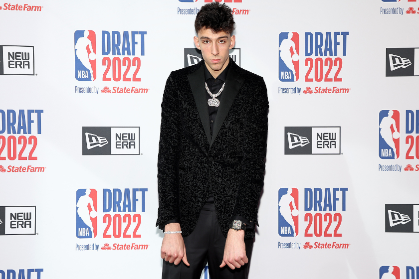 Chet Holmgren poses on the Red Carpet ahead of the 2022 NBA Draft.