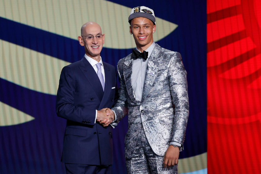 Dyson Daniels shakes the hand of NBA Commissioner Adam Silver after being drafted by the New Orleans Pelicans.