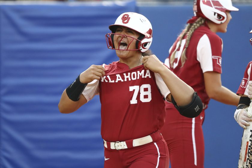 Jocelyn Alo reacts after hitting a two-run home run against the Florida St. Seminoles in 2021.