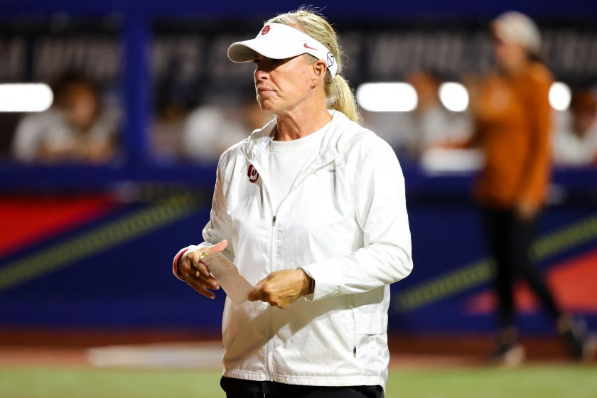 Head coach Patty Gasso of the Oklahoma Sooners looks on during the game against the Texas Longhorns during the Division I Womens Softball Championship.