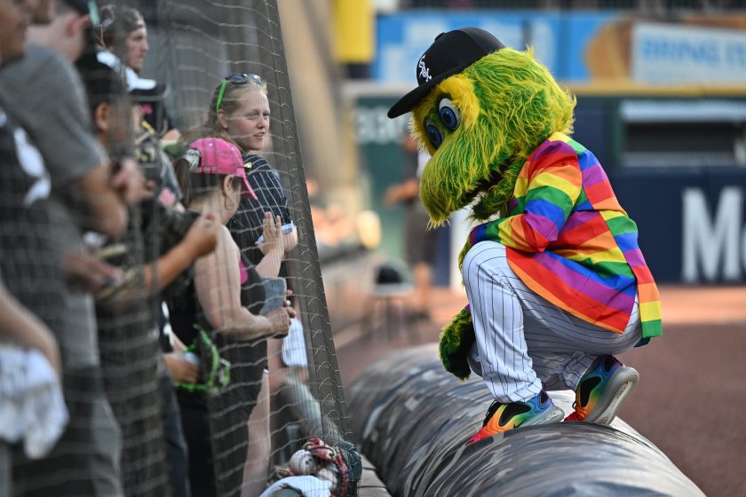 Chicago white Sox mascot Southpaw talks with fans on Pride night.