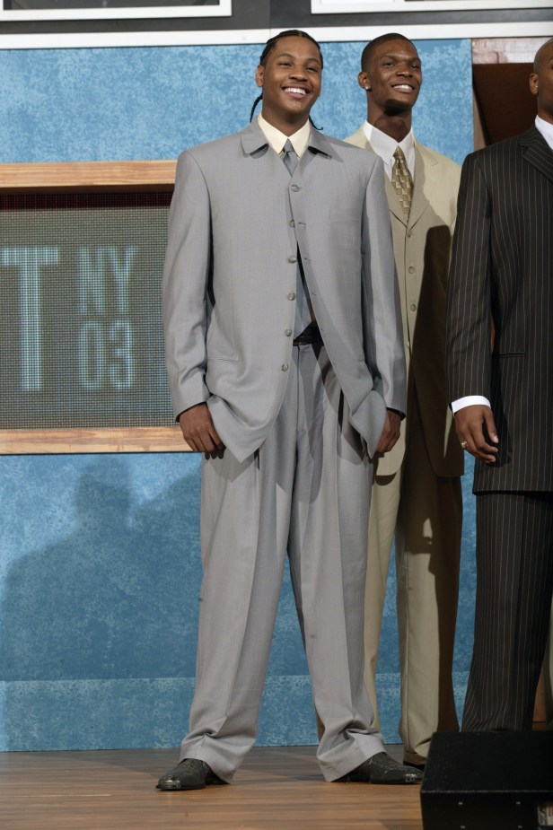 Carmelo Anthony poses during the 2003 NBA Draft.