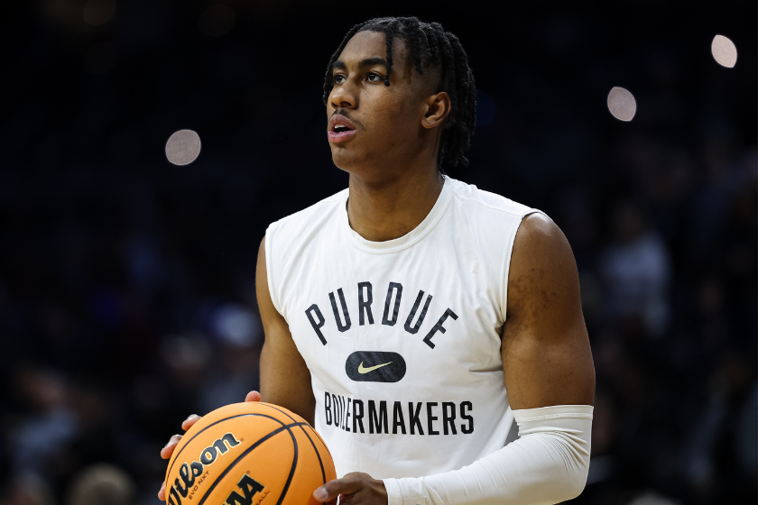Jaden Ivey warms up for Purdue's Sweet 16 matchup in 2022.
