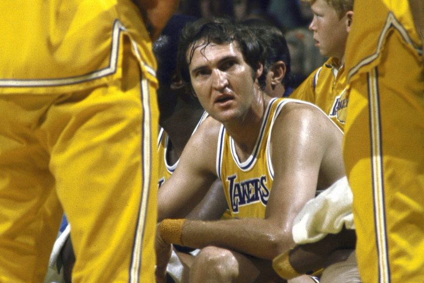 Jerry West takes a breather on the Lakers bench.