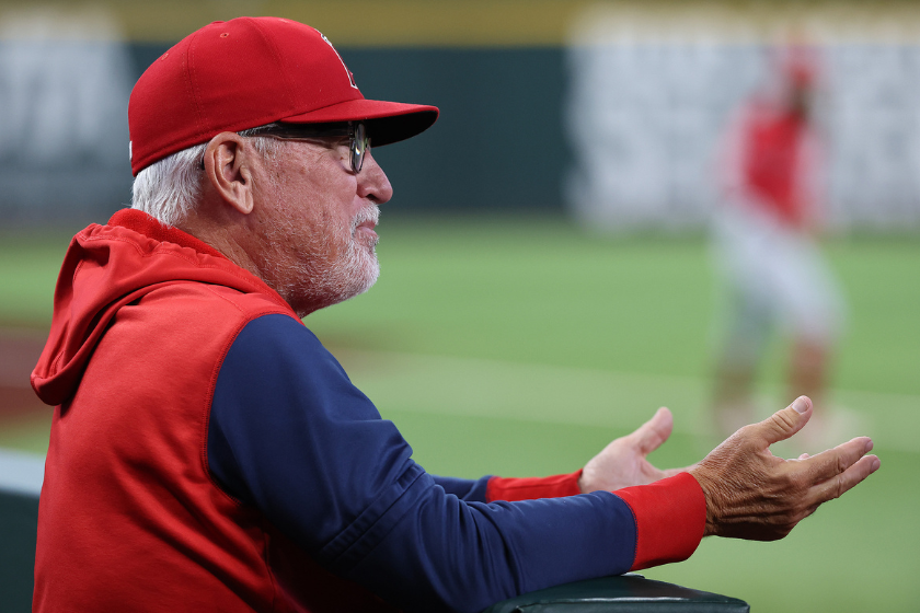 Joe Maddon reacts to a call as the manager of the Angels