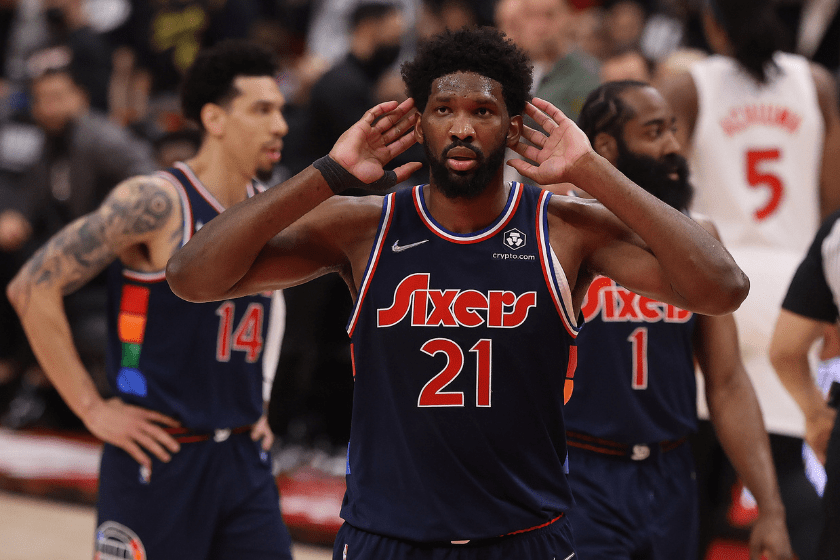 Joel Embiid reacts to the crowd during the 2022 NBA Playoffs.