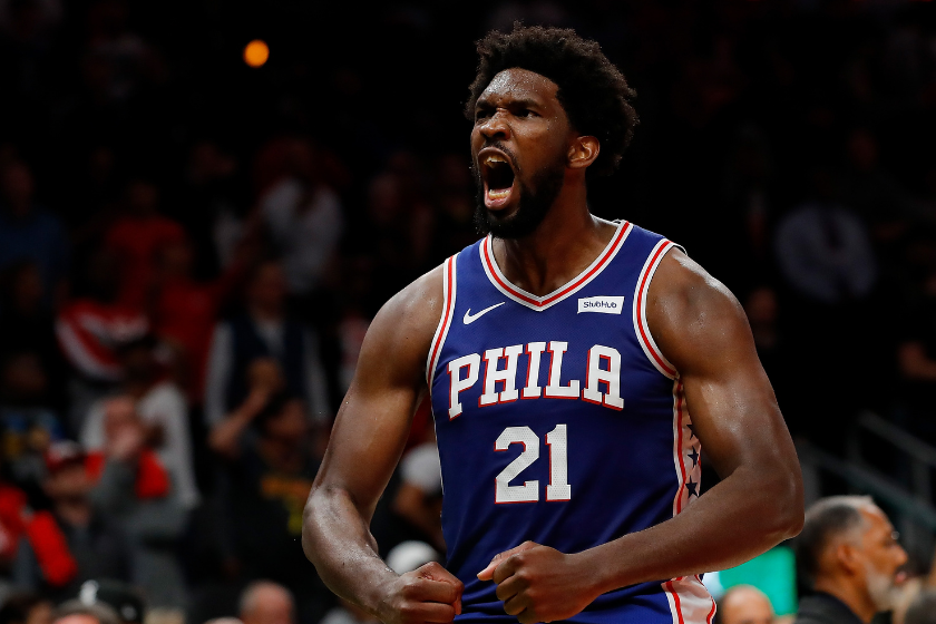 Joel Embiid reacts after a close win over the Atlanta Hawks