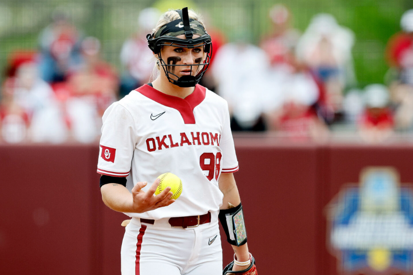 Jordy Bahl stands in the circle for Oklahoma, waiting to pitch. 