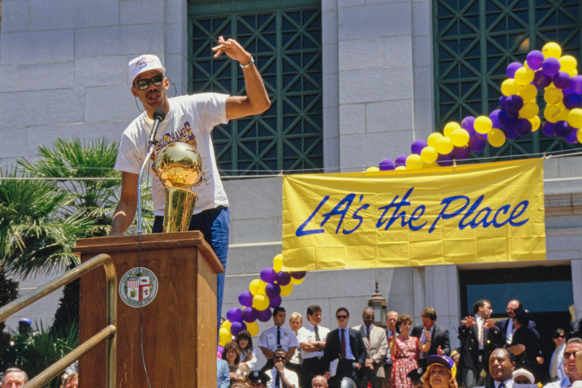 Kareem Abdul-Jabbar celebrates the 1988 NBA Championship in LA