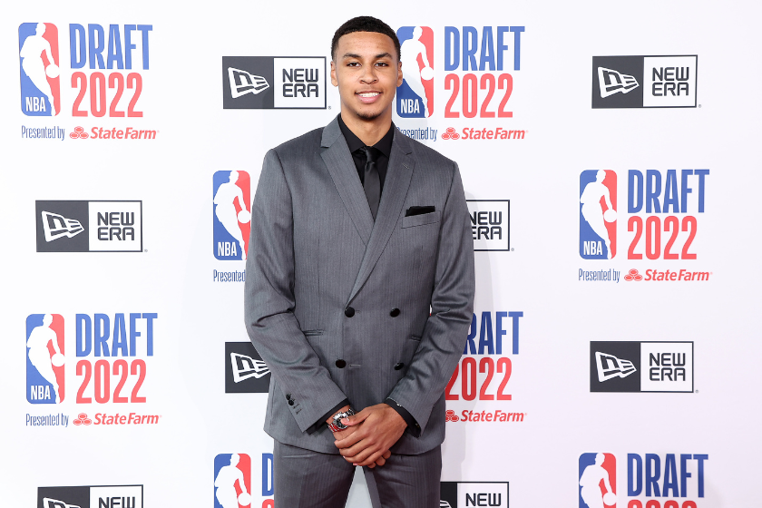 Keegan Murray poses on the Red Carpet ahead of the 2022 NBA Draft.