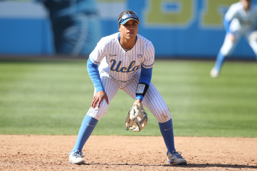Maya Brady #7 of the UCLA Bruins looks on during a game against the Stanford Cardinal at Easton Stadium