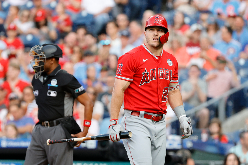 Mike Trout walks back to the dugout after striking out. 