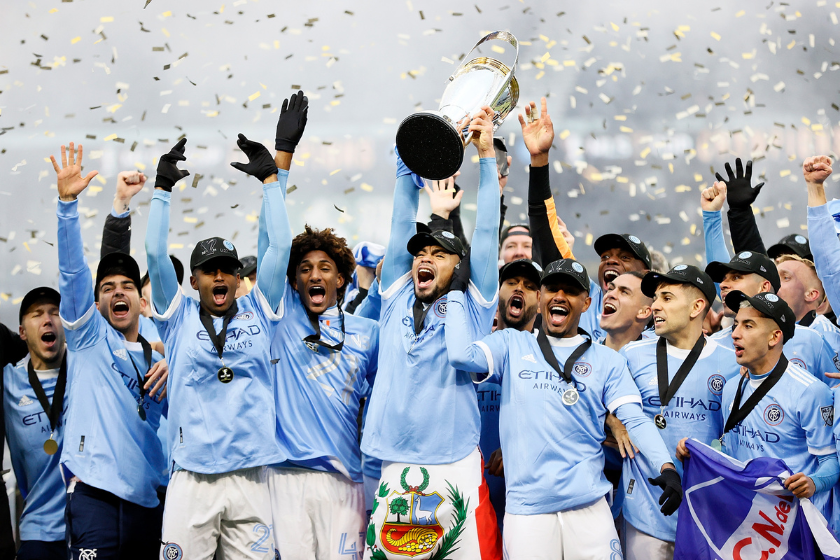 NYCFC celebrates their MLS Cup Win over the Portland Timbers.