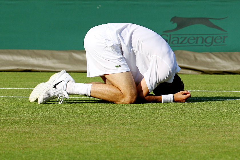 Nicolas Mahut reacts to losing the longest tennis match in history at Wimbledon in 2010. 