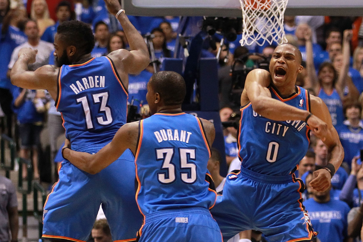 James Harden, Kevin Durant, Russell Westbrook react to a big play in an Oklahoma City Thunder game.